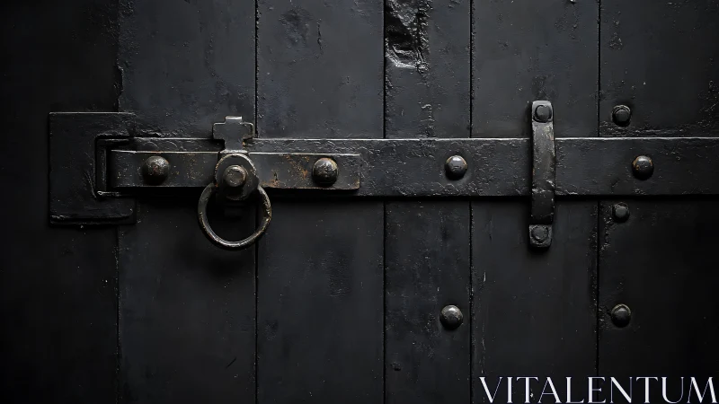 Forged iron latch locking distressed matte black door surface.