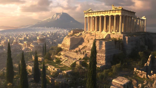 Digital view of Parthenon on Acropolis at sunset in Athens.