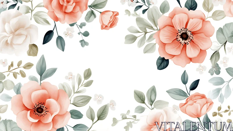 Watercolor floral composition with coral peonies and eucalyptus foliage