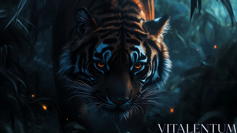 Nocturnal tiger advances through bioluminescent jungle haze