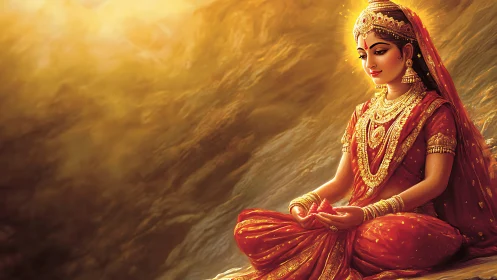 Radiant meditative princess in jeweled saree under aureate light.