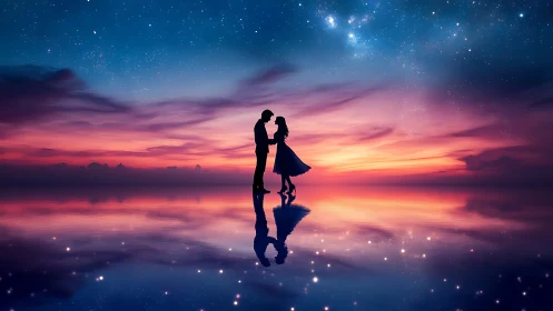 Couple Dancing Under Starlit Sky at Sunset.