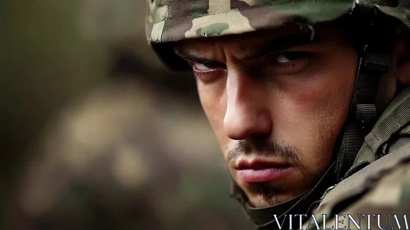 Determined soldier’s focused gaze in close-up portrait.