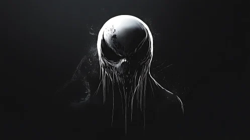 Monochrome dripping humanoid head rendered on dark ground
