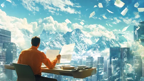 Elevated Workspace Above Mountains: Surreal Composite of Urban and Alpine Perspectives
