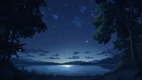 Nighttime lake landscape is shown under a dense star field