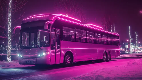 City coach bus under neon pink lights on winter street.
