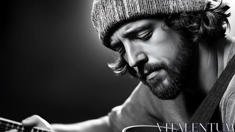 Monochrome portrait of seated guitarist in profile view.