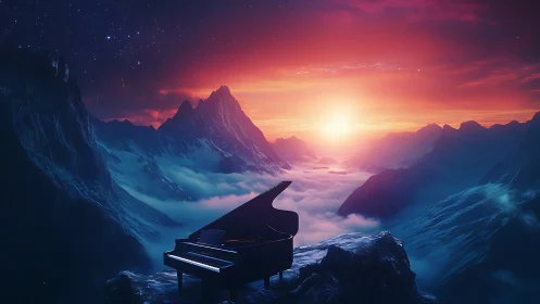 Grand piano on rocky summit under vivid mountain sunrise.
