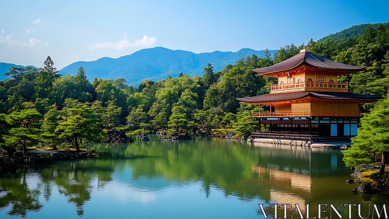 Golden lakeside pavilion resting in a calm green valley.