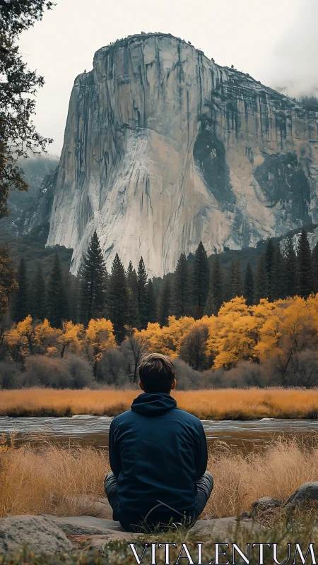 Person observing large granite cliff across river in autumn.