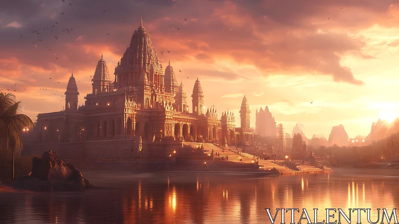 Sunlit riverside temple complex in radiant golden dusk.