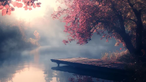 Digital painting of misty lakeside jetty under crimson canopy.