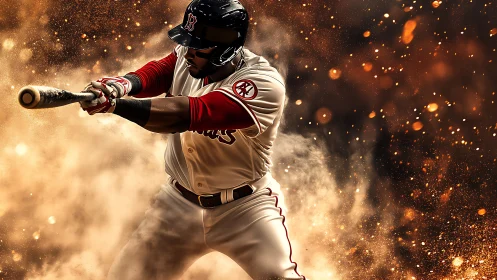 Powerful baseball batter swings amid glowing stadium dust