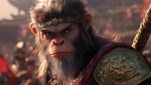 Warrior monkey king glares in ornate golden armor.