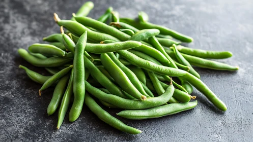 Fresh raw green beans rest on dark textured stone surface