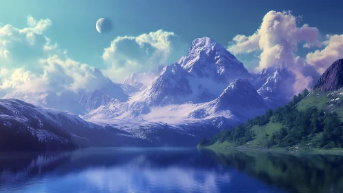 Snow-covered mountain range with lake and distant moon.