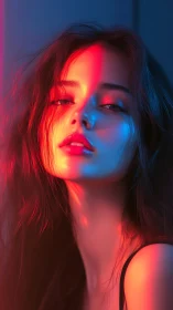 Female portrait in dual red and blue neon side lighting.