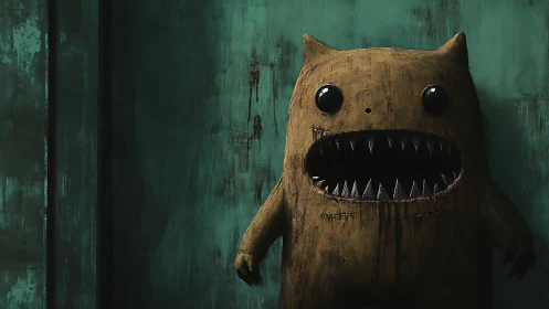 Ragged monster doll with gaping teeth in grungy teal room.