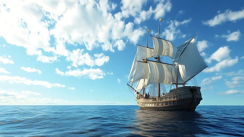 Sunlit tall ship drifting calmly across open blue seas.