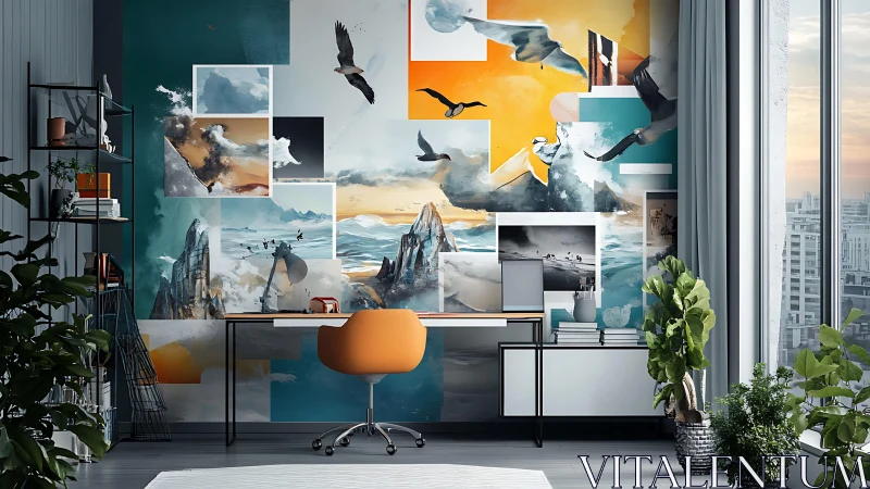 Creative home office overlooks city with bold seascape mural