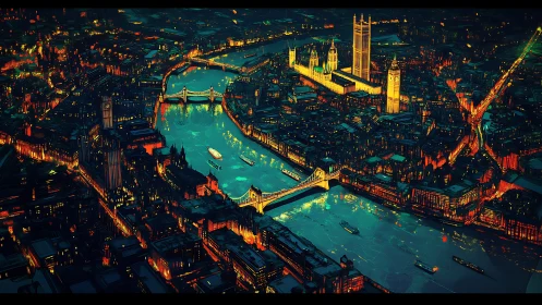 Neon river lights weaving through a dreamlike night city.