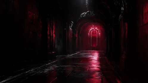 Dark wet corridor lit by intense red archway glow.