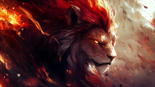 Fiery lion portrait with blazing mane in dynamic motion.
