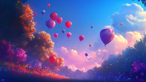 Vibrant balloons drift above glowing twilight meadow