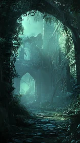 Overgrown stone ruins with archway in misty green light.