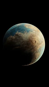 Photorealistic exoplanet portrait with chiaroscuro rim light.