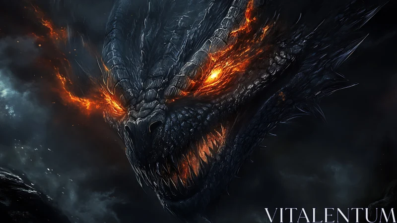 Infernal dragon head with molten eyes in stormy dark sky.