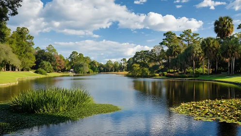 Calm lakeside escape with lush trees and bright blue sky.