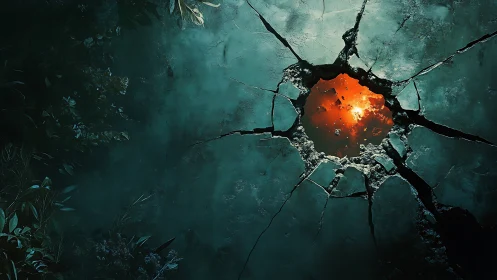 Fractured concrete aperture exposing molten planetary core.