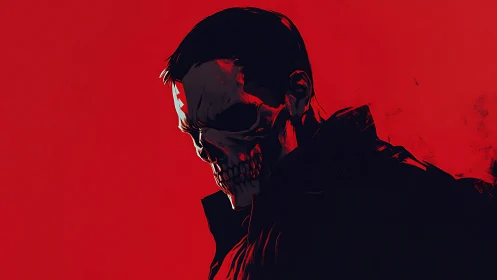 Stylized skull-faced figure emerges from stark red void