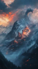 Stormlit dragon coils above a burning mountain citadel