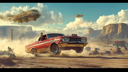 Roaring red muscle car soars through dusty sci fi desert