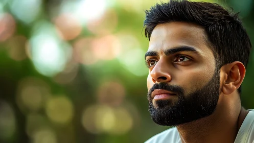 Warm sunlight on a thoughtful bearded face outdoors.