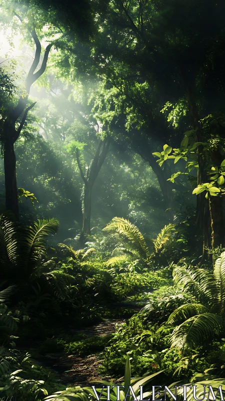 Enchanted Forest Pathway Bathed in Golden Sunlight.