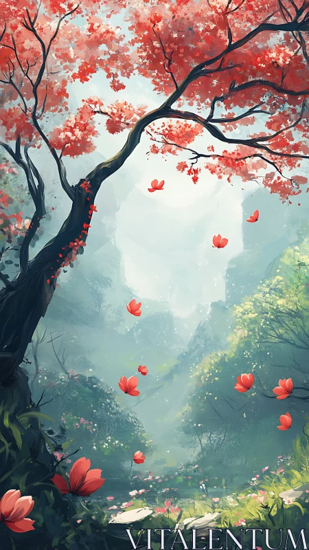 Aerial crimson canopy over mist-layered forest ravine.