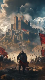 Armored vanguard confronts fortified mountain citadel under storm