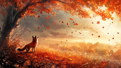 Autumn fox observes drifting leaves in luminous backlit grove