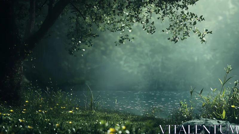 Mist-laden waterside vegetation with tree canopy overhead