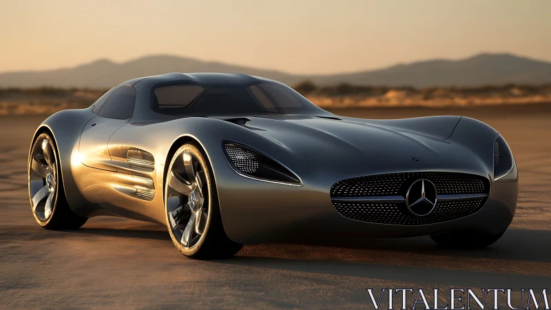 Sunlit silver concept racer glides across desert horizons.