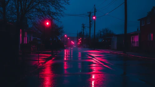 Neon reflections glowing softly along a quiet rainy street.