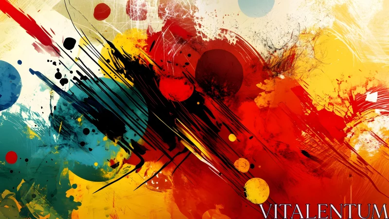 Bold abstract painting with vibrant splashes and dynamic lines.