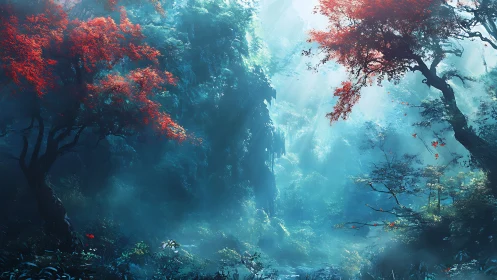 Crimson canopy forest ravine bathed in ethereal cyan luminescence.