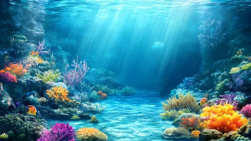 Sunlit coral reef seascape with clear blue water channel.