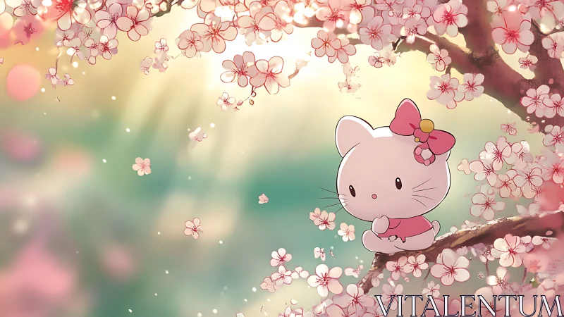 Gentle kitty rests among soft pink cherry blossom dreams
