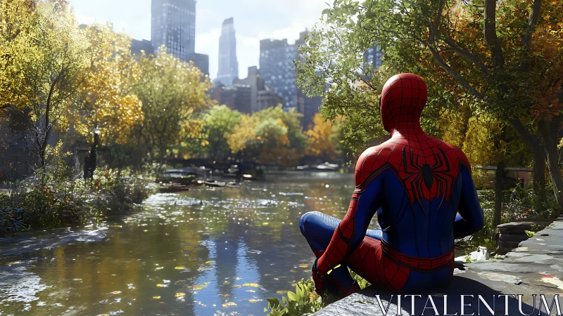 Spider-Man rests by a calm city park lake in autumn light.